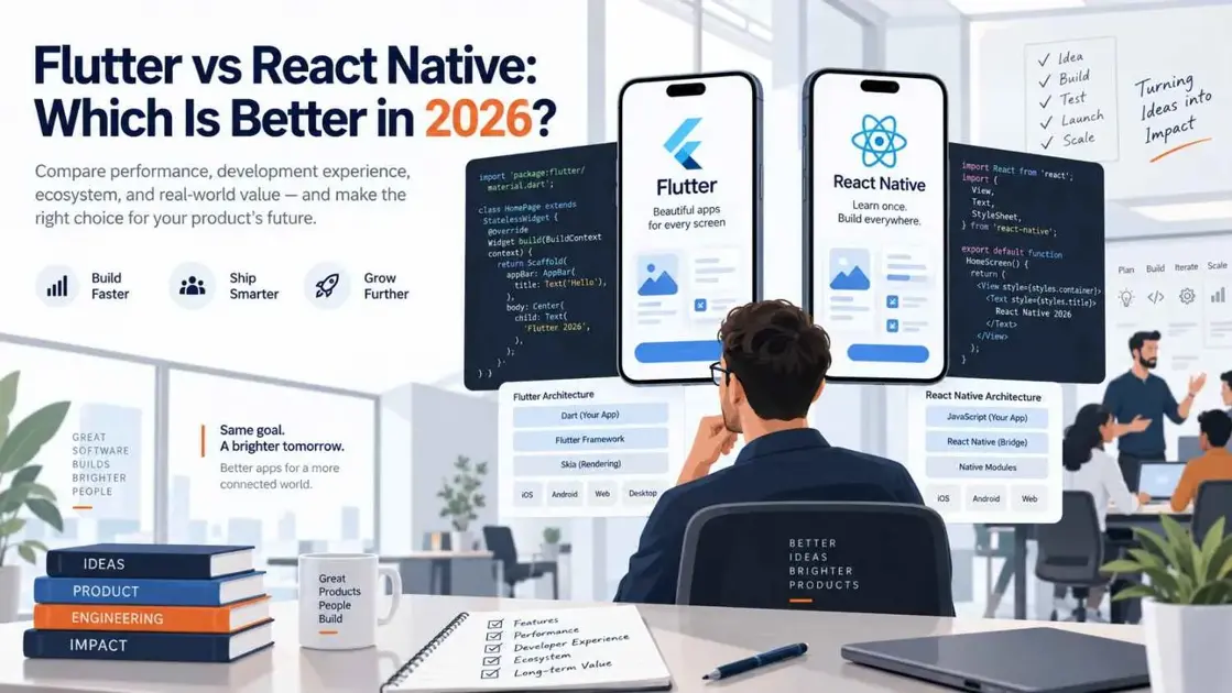 Compare Flutter vs React Native in 2026 across performance, UI, development speed, cost, maintenance, team fit, native integration, MVPs, and e-commerce use cases.