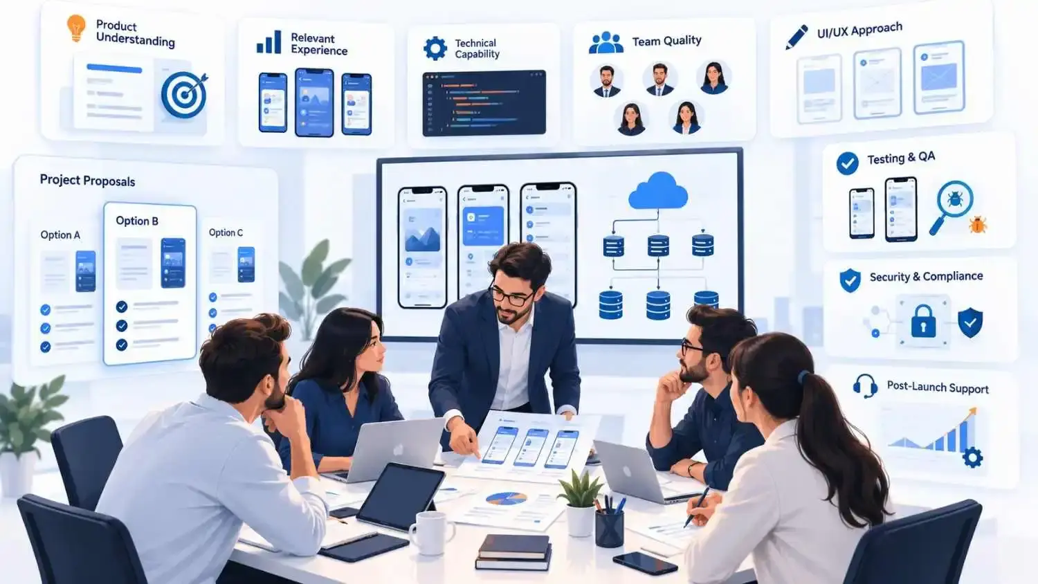 Business owner evaluating a mobile app development company with software team