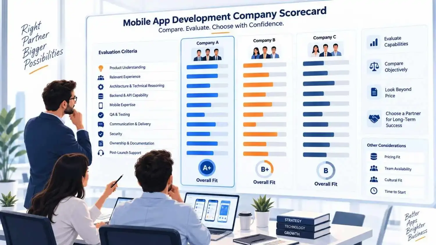 ### Business owner comparing shortlisted mobile app development companies using an evaluation scorecard.