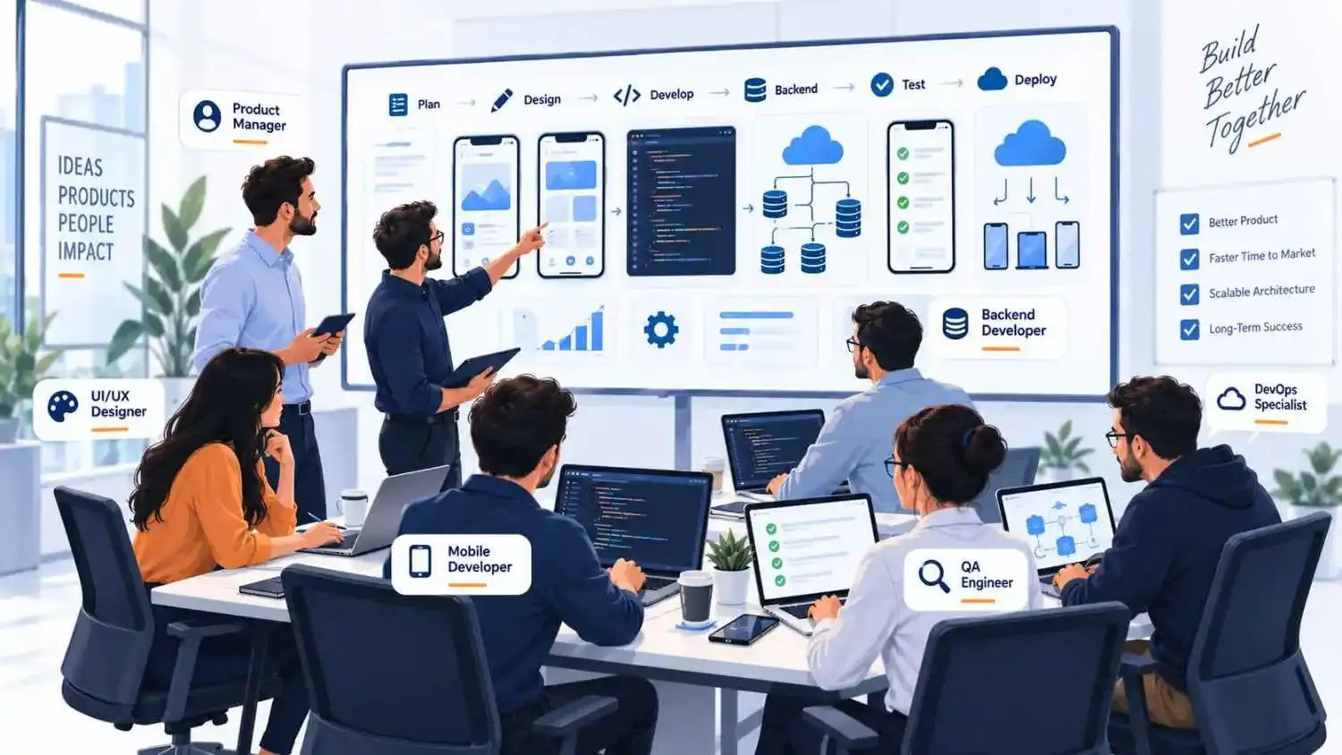 Mobile app development team including designers, developers, QA and DevOps