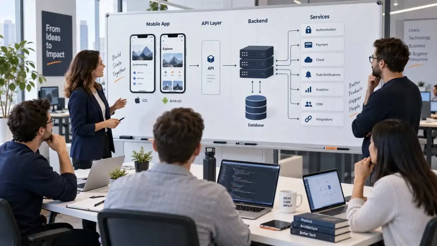 Mobile app technical architecture with frontend, API, backend, database, and integrations