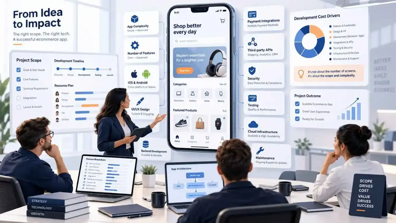 Ecommerce mobile app development cost factors including features, platforms, backend integrations, testing and maintenance