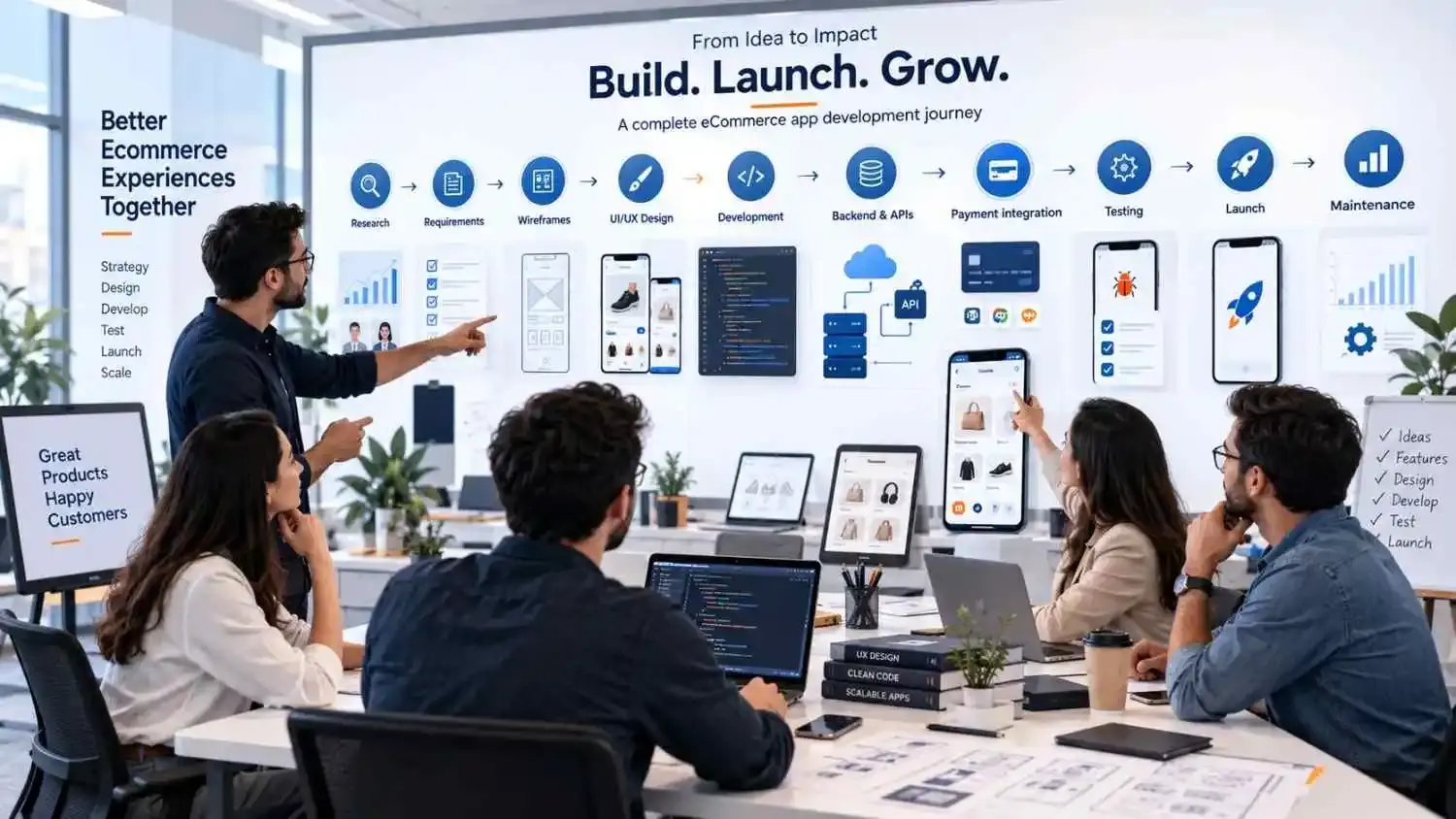 Ecommerce mobile app development process from discovery and design to testing, launch and maintenance