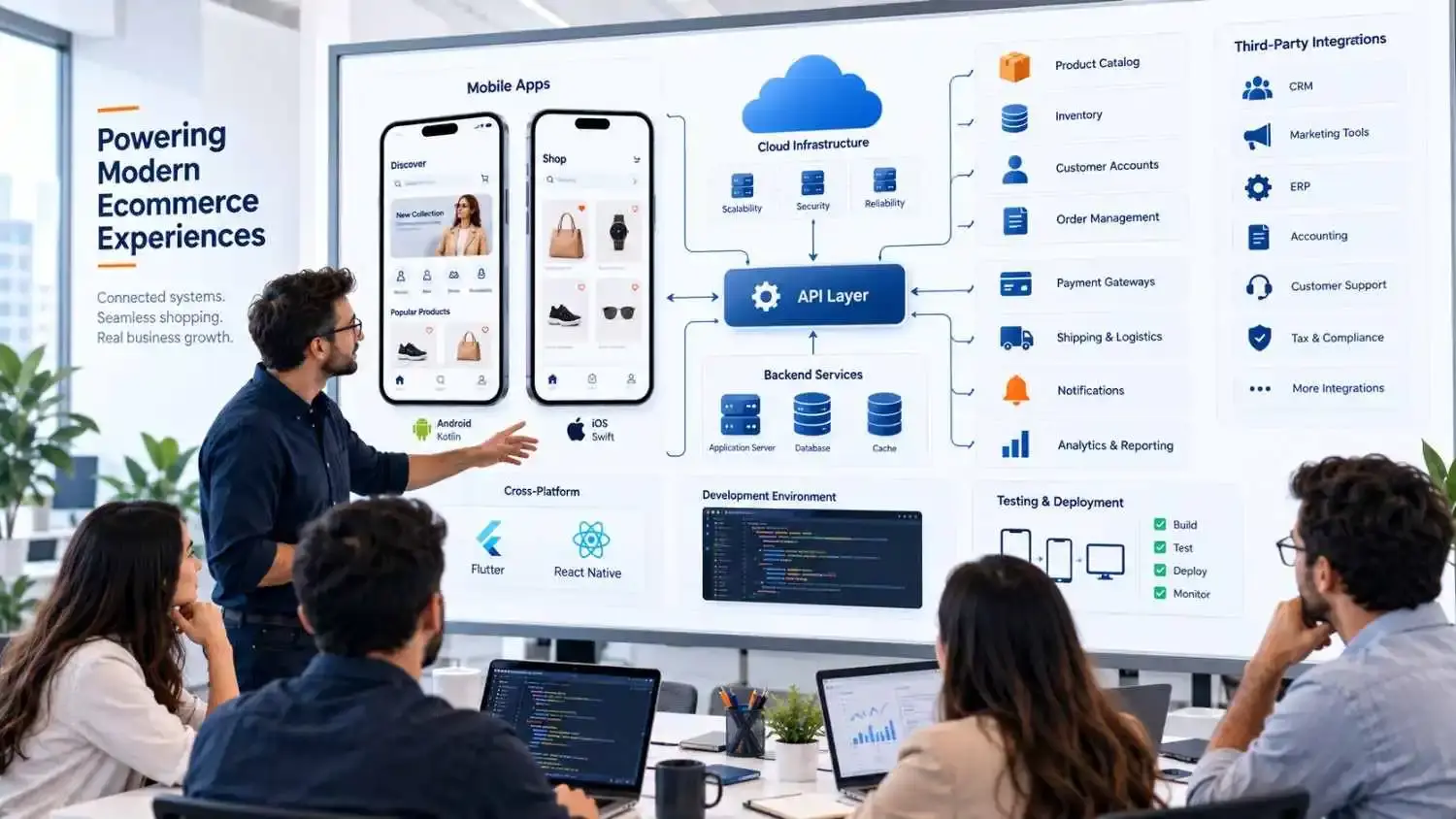 Ecommerce mobile app technology stack connecting Android, iOS, APIs, backend, databases, payments, and cloud